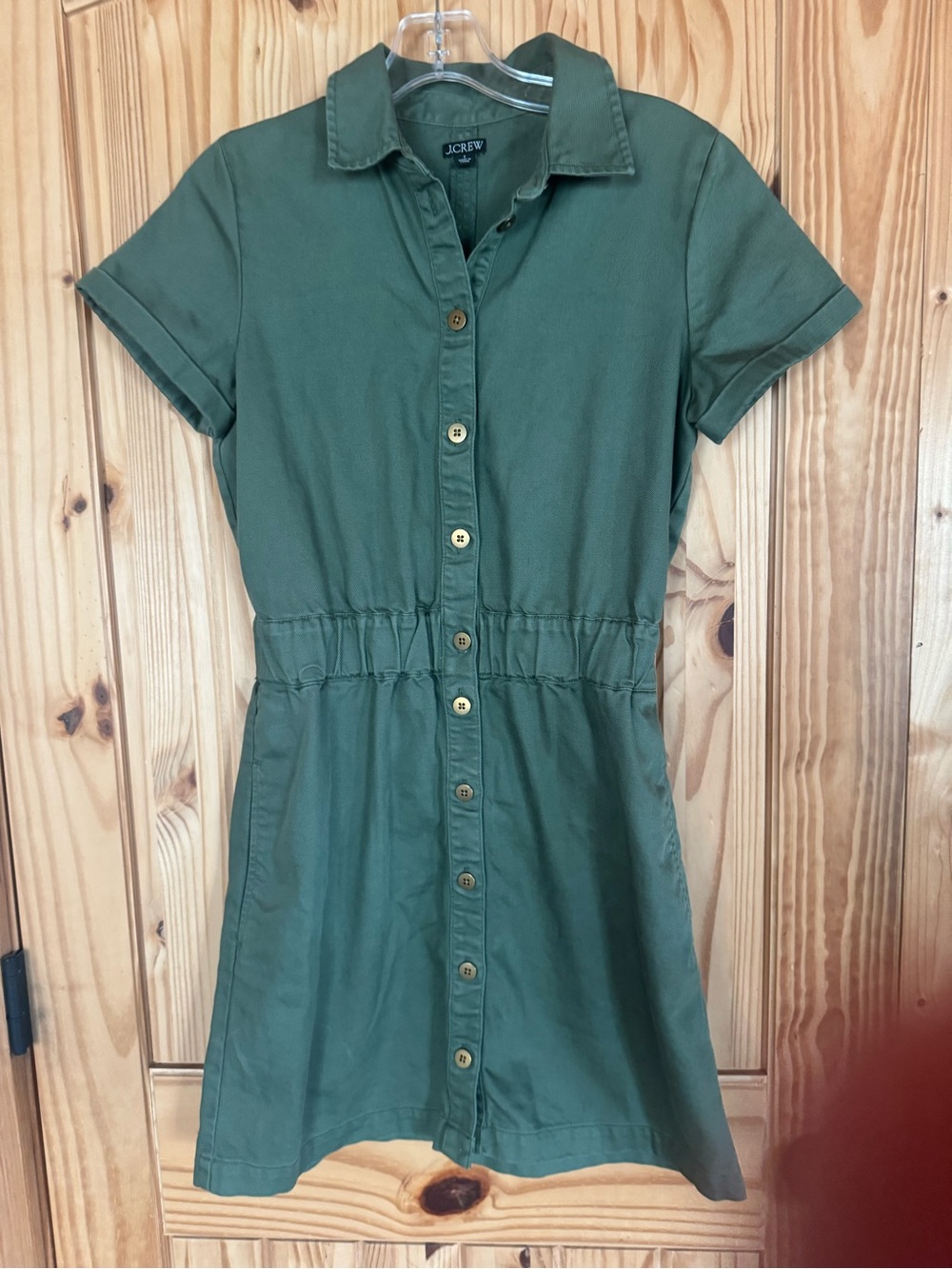 J. Crew Washed Olive Green Denim Short Sleeve Button-Front Mini Dress